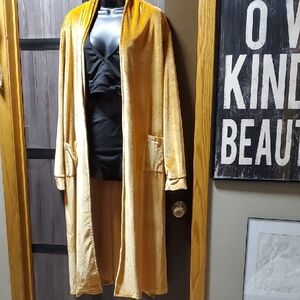 Gold Velvet Long Open Front Coatigan - Women Jackets & Coats
